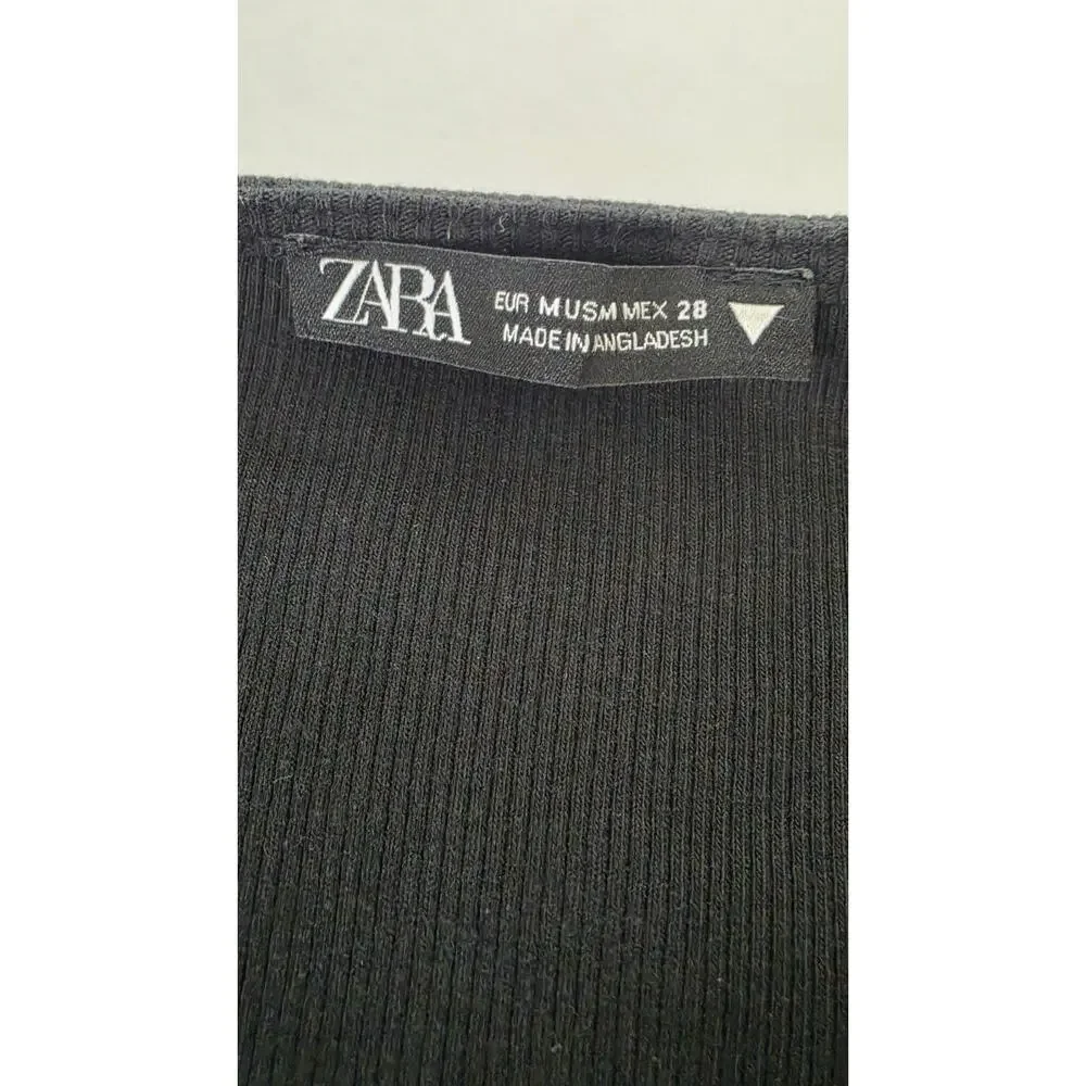 ZARA Black Ribbed Ruched Drawstring Crop Top Long Sleeve Women's Size M Coquette